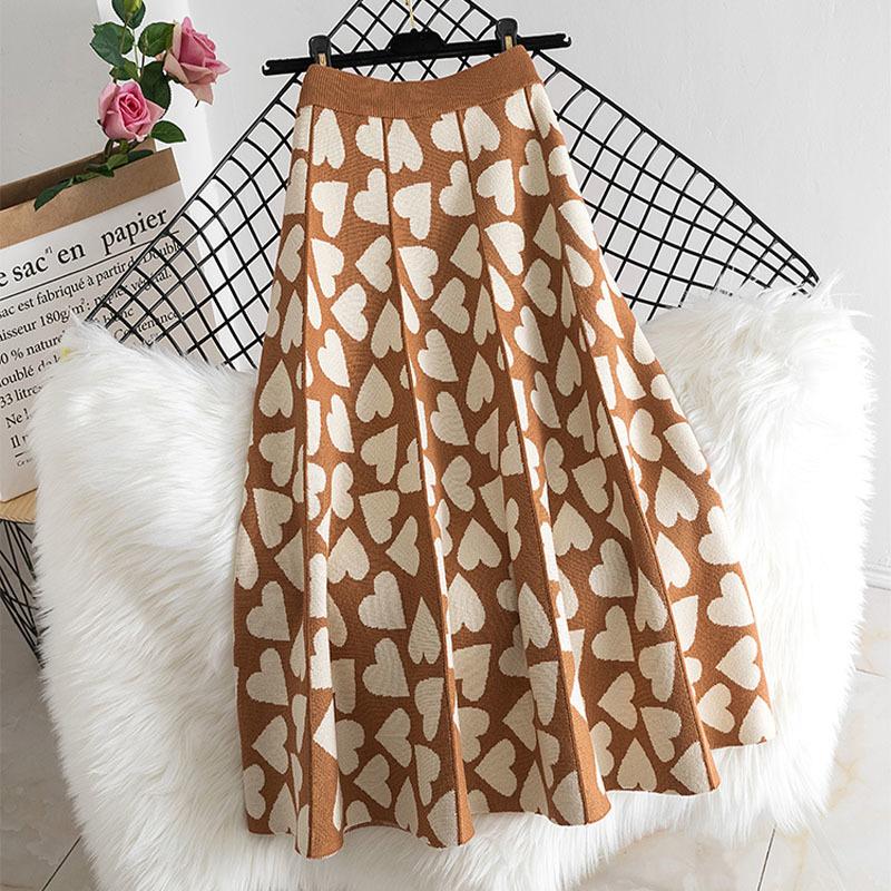 

Skirts Love Print Knitted Skirt Autumn Winter Female Loose High Waist A-line Midi Casual Korean Style Swing Womens 2021, Black