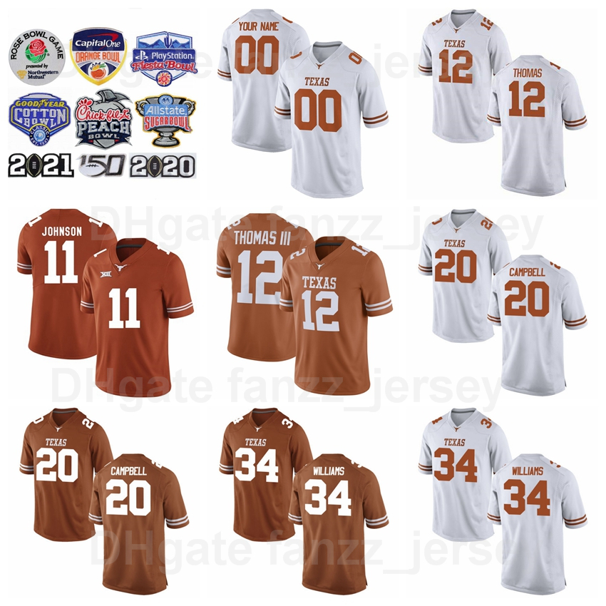 

NCAA Texas Longhorns College 20 Earl Campbell Jersey Men Football 10 Vince Young 34 Ricky Williams 11 Sam Ehlinger 98 Brian Orakpo 12 Thomas Custom Name Number, White
