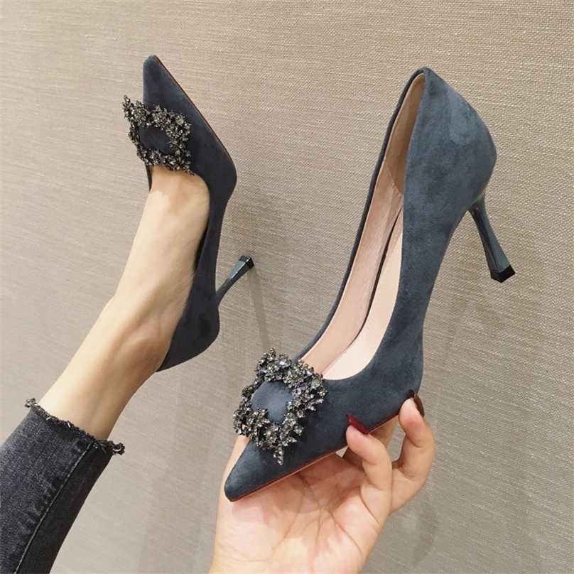 

Women's shoes French girl high heels Suede buckle feminine pointed stiletto net red single 211029, 20308 pink 6cm