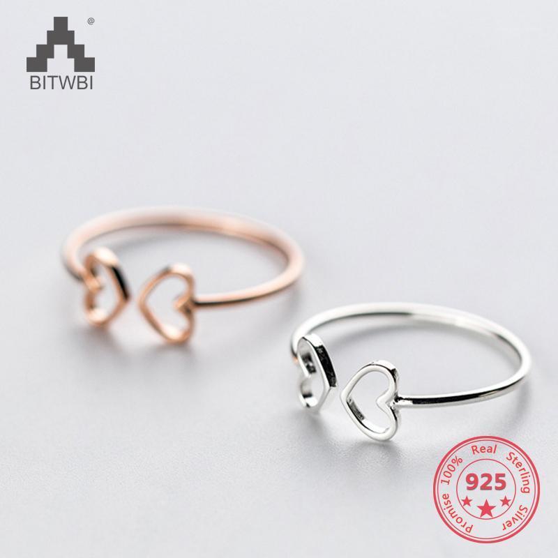 

Cluster Rings Korea Design S925 Sterling Silver Simple Fashion Rose Gold Double Heart Open Ring Flexible Jewelry For Women, Golden;silver