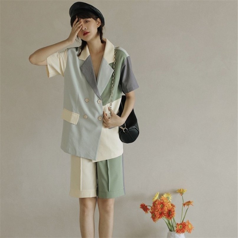 

Fashion Chic Panelled Short Sleeve Woman Blazers Summer Resh Casual Double Breasted Coat Aesthetic Notched Collar Jackets 210519, Shorts