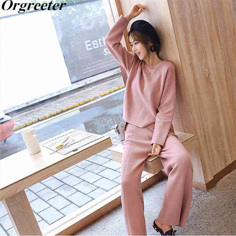 

Free 2 Piece set Autumn Women Solid Long Sleeve O-neck Asymmetry Knitted Top and Casual Pants Suits Sweater Trousers 210602, Picture color