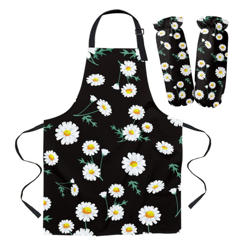 

Aprons Daily Cleaning Apron Set Spring Daisy Flowers Black Chef Waiter Anti-oil Kids Cooking Gardening Work Sleeve Cover