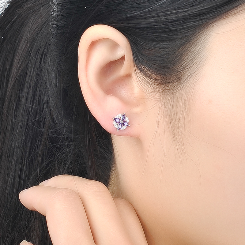 Sterling Silver Earrings Stud Purple Flower Zircon Diamond Earring for Women S925 Anniversary Gift with Box-image-697271743