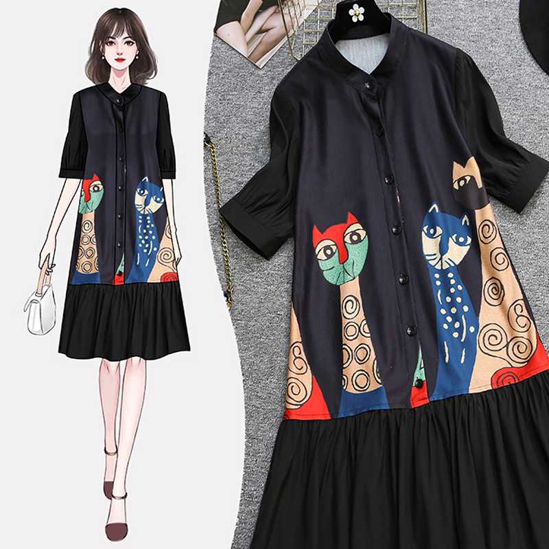 

Plus Size Dresses Printed Short Sleeves 5Xl Large Vintage Casual Robe Spring Summer Clothes Dress For Women'S 2021 Sukienka Sundress, Black