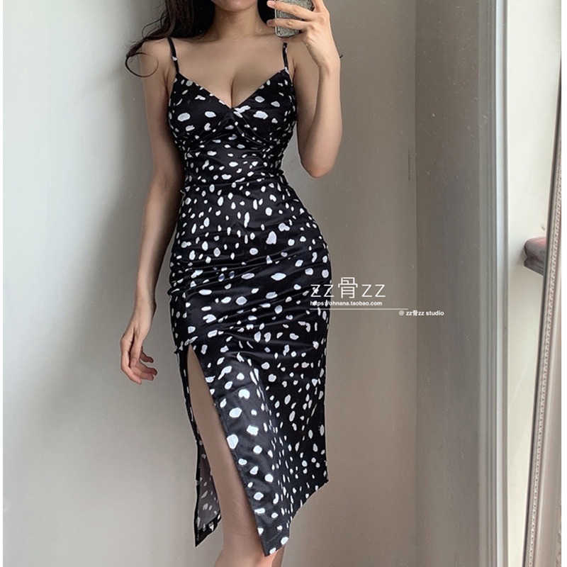 

V-neck Side Split Sexy Dot Print Korean Fashion Slim Tank Summer Strap Dress Leopard Irregular Dresses For Women Party Y2k S8HE 210603, Black