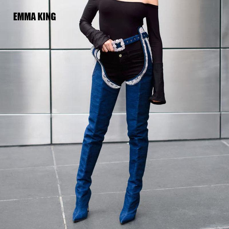 

Boots Women Blue Sexy Long Over The Knee High Quality Cowboy Shoes 2021 Fashion Thigh, Black