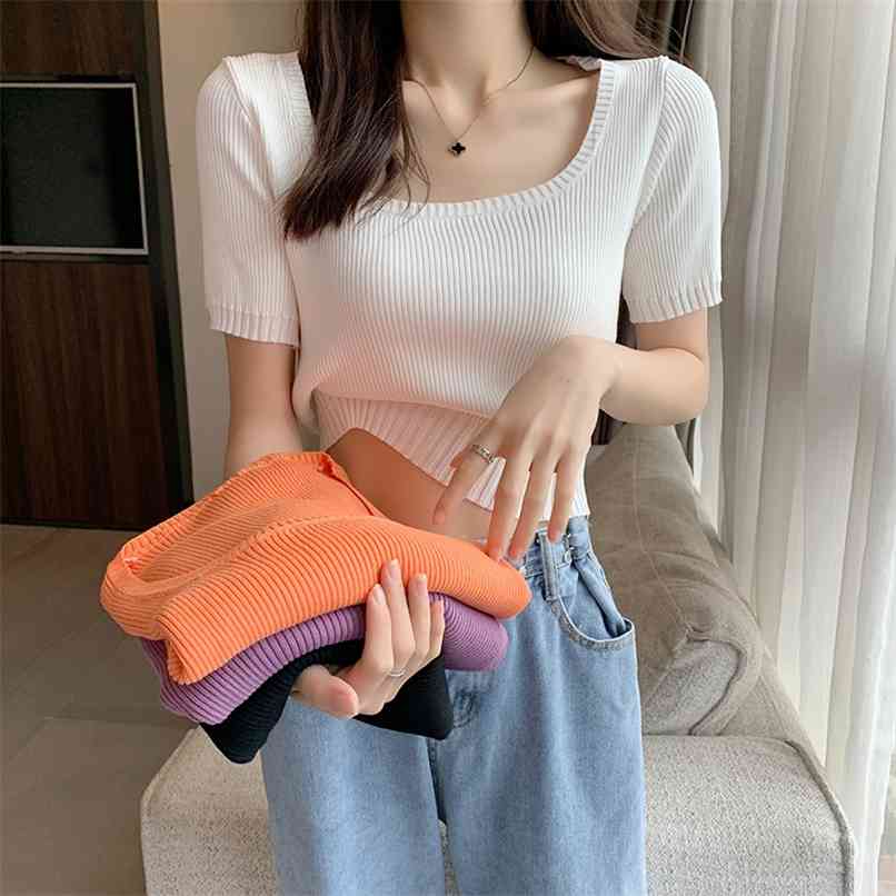 

Retro short-sleeved square neck sweater waist short T-shirt top women summer Korean fashion women's clothing 210520, Orange