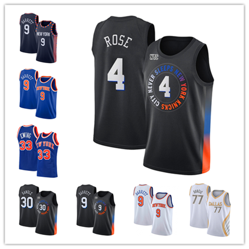 

Men Derrick Rose New York Knicks 33 Patrick Ewing 30 Julius Randle 9 RJ Barrett 77 Doncic 2021 Black City Basketball Edition Jersey, Black;red