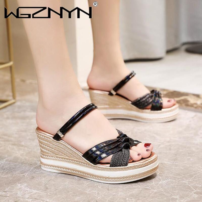 

Dress Shoes 2021 Summer Platform Woman Sandals Flat Sandalias Gladiator Weaving Clear Beach Flip Flops Slides Open Toe, Black