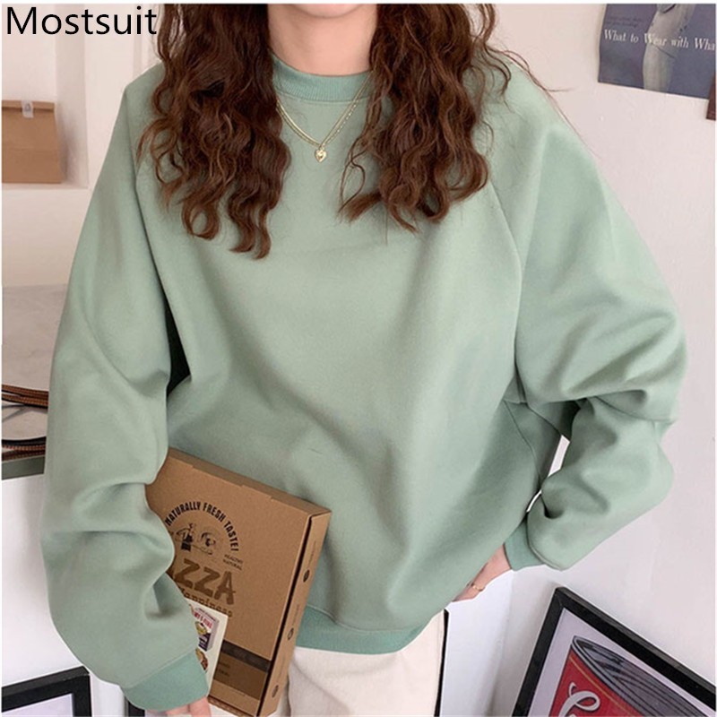 

Casual Fashion O-neck Women Sweatshirt Spring Full Sleeve Korean Solid Loose Basic Female Tops Pullovers Femme 210518, Black