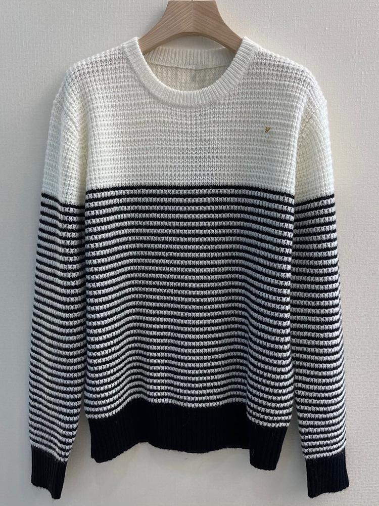 

Women's Sweaters 2021 Winter 100% Mohair Patchwork Striped Knitted Sweater Women High Quality Fashion O-Neck Loose Soft Fluffy Jumper Lady, White;black