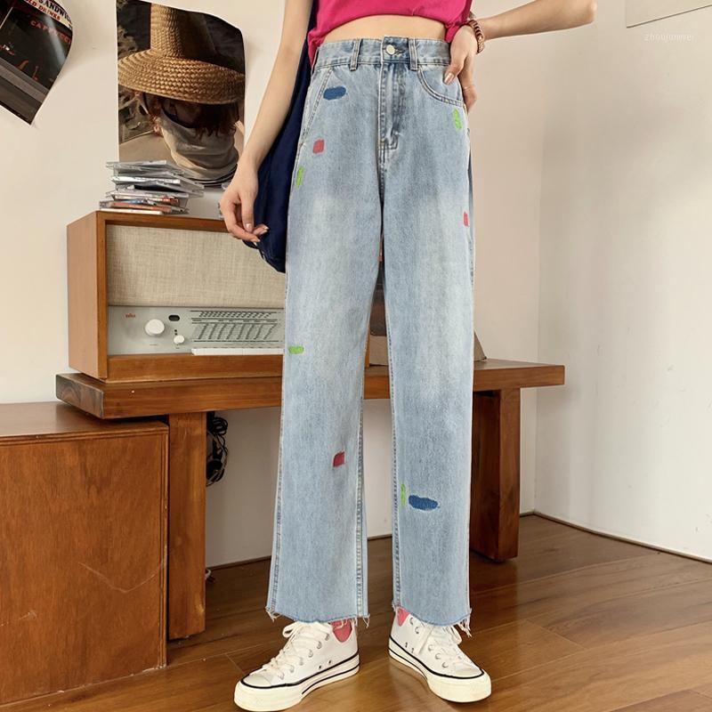 

Autumn 2021 Korean Loose High Waist Wide Leg Pants Trousers Colored Print Straight Jeans Female College Style Women, Jeans women