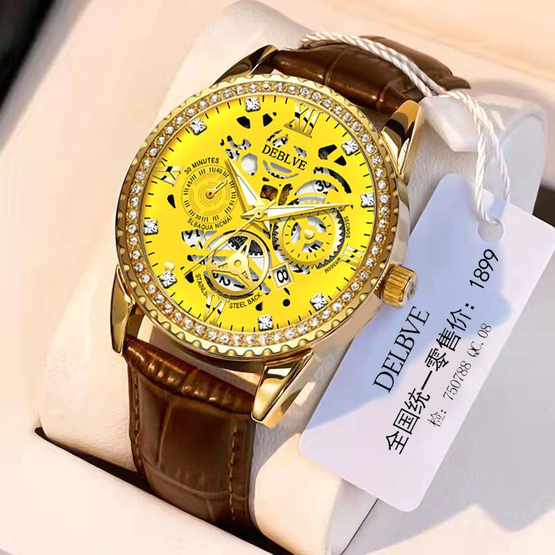 

Wristwatches Men Quartz Watch Hollow Luxury Outdoor Mens Watches Sport Chronograph Wristwatch Clock Leather Wrist, Brown gold