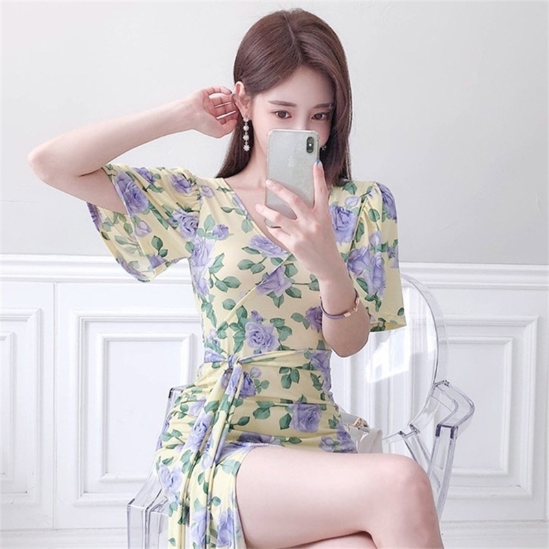 

Print Bow Bandage Long Dress Women Spring Wasit Holiday Sexy Dresses Casual Fashion V-neck Vestido De Festa 210603, Picture color