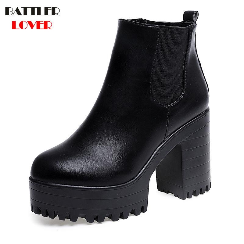 

Boots Women Botas Mujer Fashion Woman Spring Square Heel Leather Platforms Zapatos Autumn Pump Motorcycle Shoes Size 35-40, Black