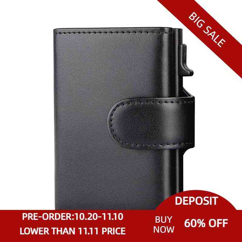 

2021 Fashion Aluminum Credit Card Wallet RFID Blocking Trifold Smart Men Wallets 100% Genuine Leather Slim with Coin Pocket H1112, Black
