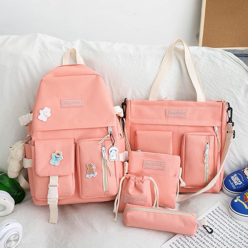 

School Bags 5 Piece Set High For Teenage Girls 2021 Canvas Travel Backpack Women Multifunctional Bookbags Teen Student Schoolbag, 5pcs-3