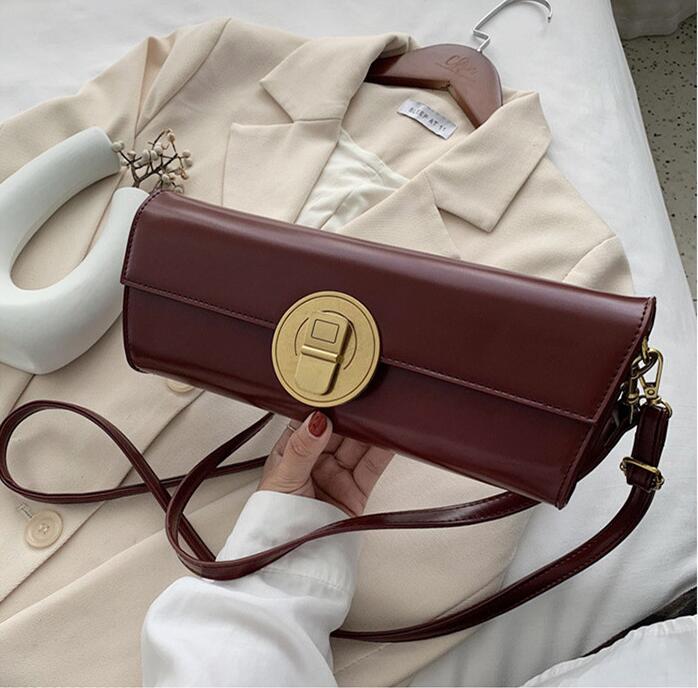 

Wholesale ladies shoulder bags niche design simple solid color leather underarm bag elegant atmosphere gold buckle black handbag high quality women backpack, Red