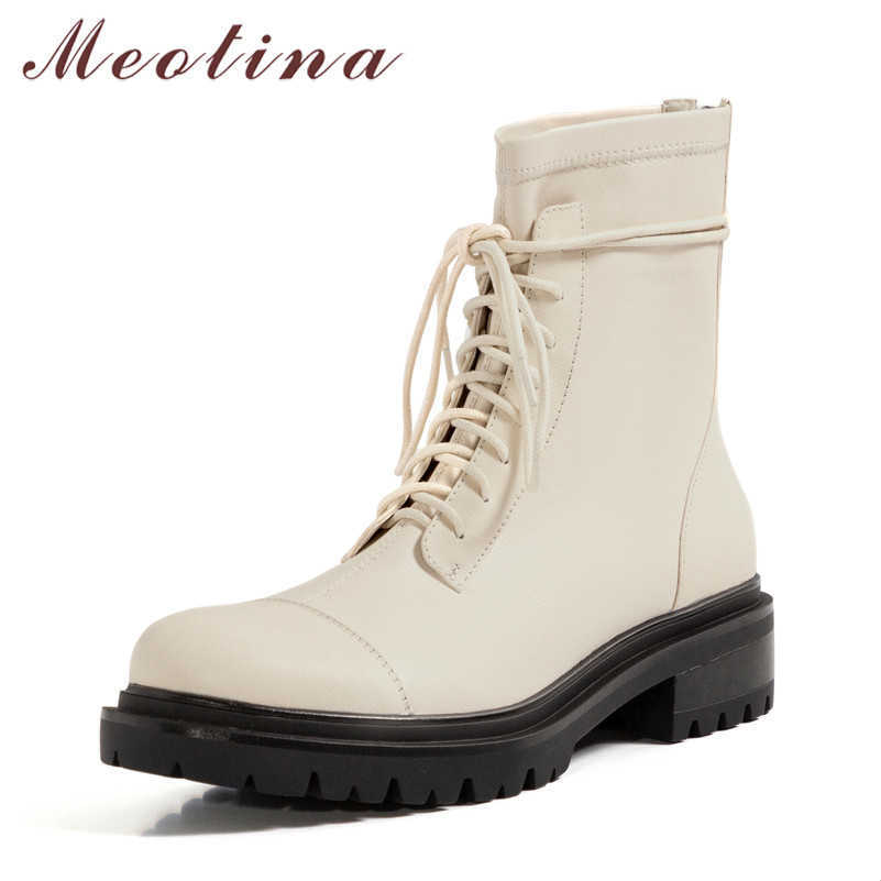 

Meotina Women Mid Calf Boots Shoes Genuine Leather Platform Mid Heel Motorcycle Boots Lace Up Zip Thick Heels Lady Boots Black 210608, Black synthetic lin