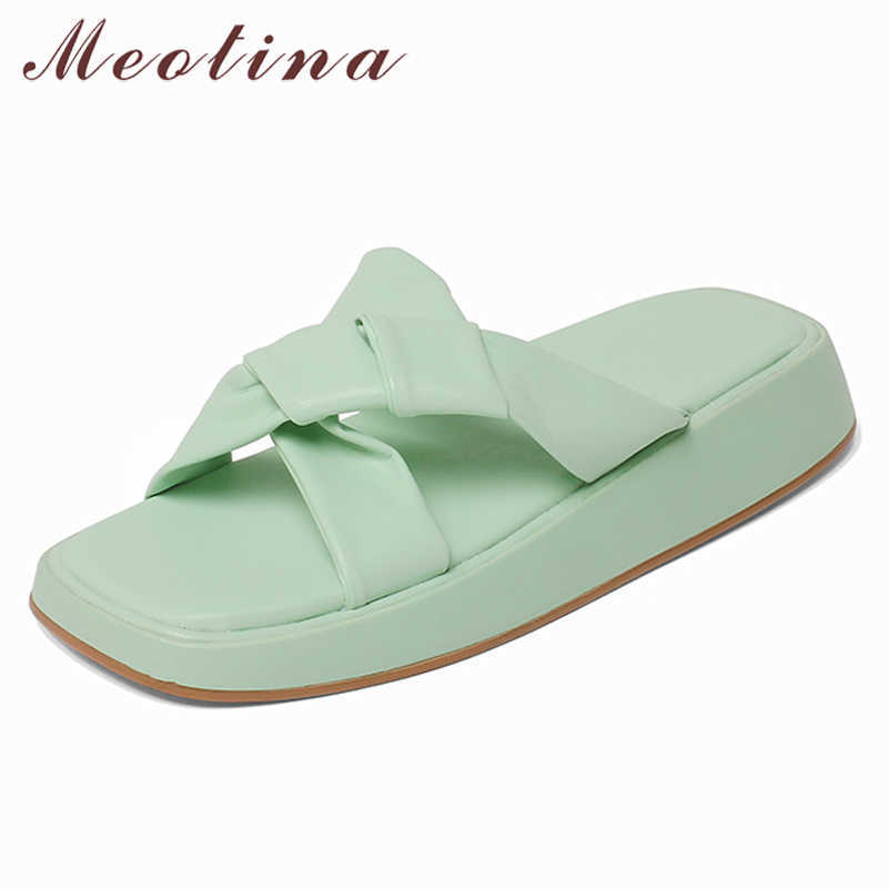 

Meotina Slippers Shoes Women Flat Sandals Pleated Slides Square Toe Ladies Footwear Summer Green Yellow 40 Comfortable Shoes 210608, White