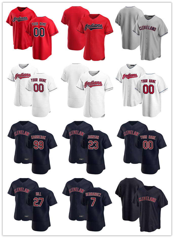 

Custom Mens women Youth Cleveland Indians 99 James Karinchak 23 Daniel Johnson 27 Cam Hill 7 Cesar Hernandez Baseball Jerseys, Blue;black