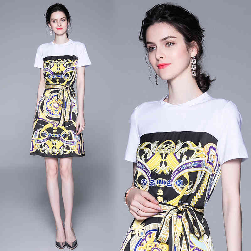 

summer European and American ladies short-sleeved stitching totem printing slim dress 210525, Color