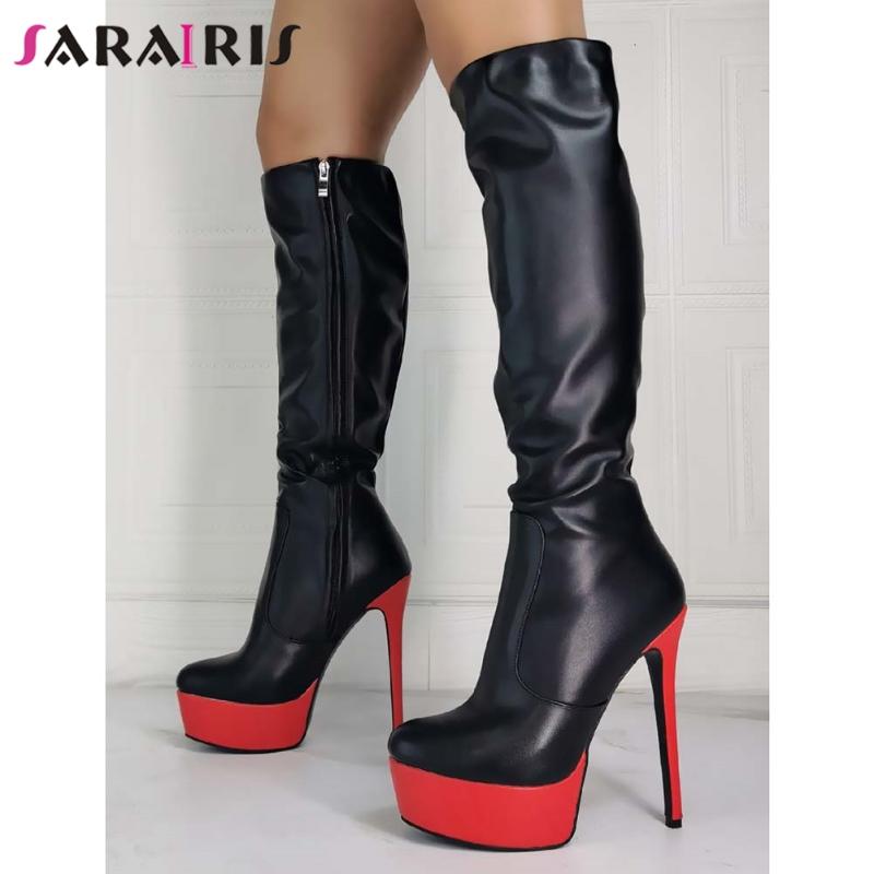 

Boots SARAIRIS Fashion Ladies Sexy Party Mature Trendy Knee High Women Platform Thin Heels Zipper Shoes Woman, Black