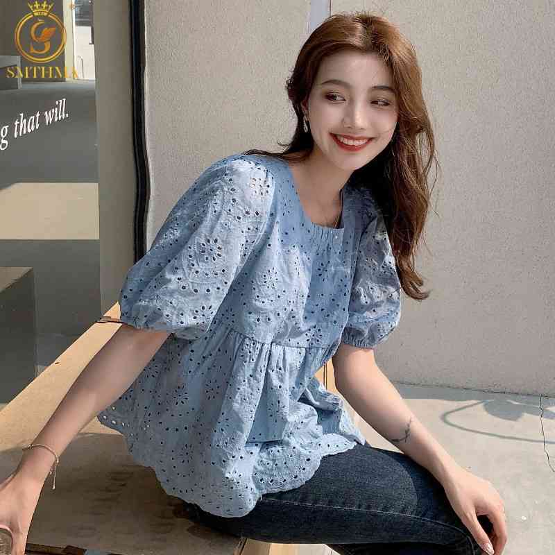 

Fashion Summer Lace Hollow Out Shirt Korean Chic Short-Sleeved Tops 210520, Photo color