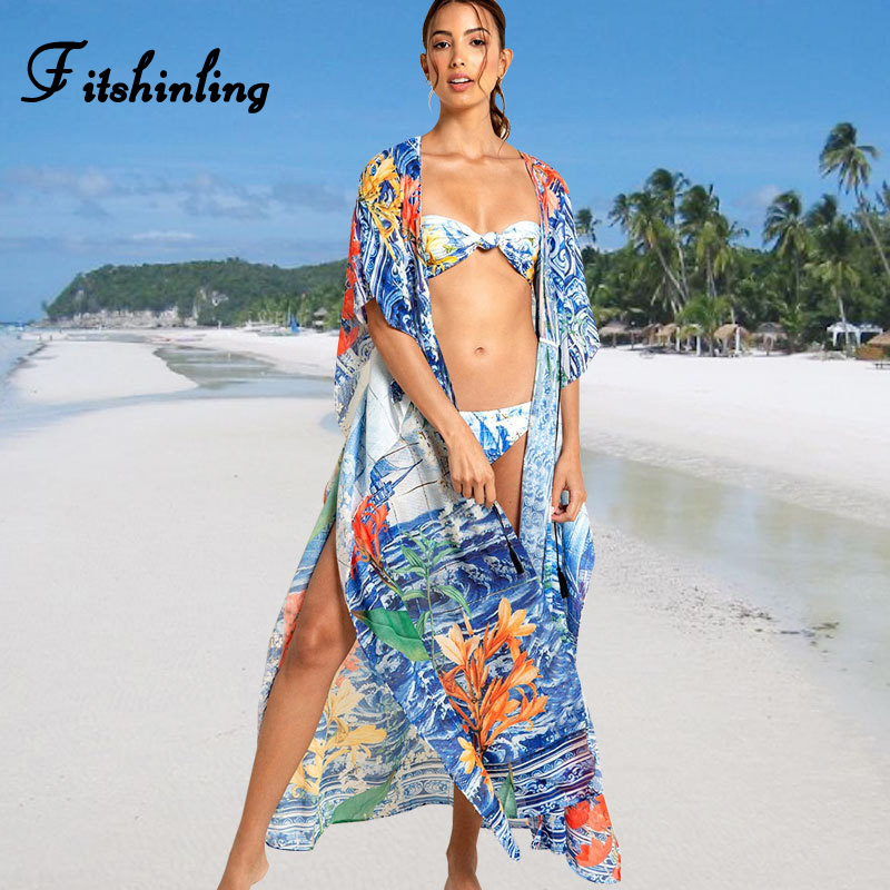 

Fitshinling Summer Beach Cover-Up Kimono Swimwear Big Sleeve Slim Sexy Long Cardigan Bohemian Holiday Split Bikini Outing Sale