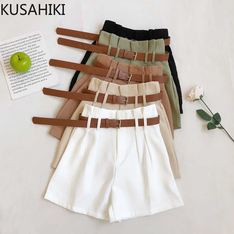 

Spring Summer Korean Solid Shorts Belt High Waist Women Bottoms Elegant Causal Wide Leg Short Feminimos 6F236 210603, Beige