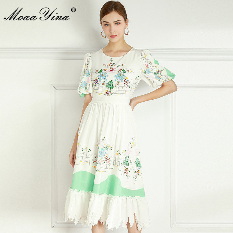 

The Fashion Designer Summer Elegant Dress Women Puff Sleeve Beaded Floral Print Slim 210524, White