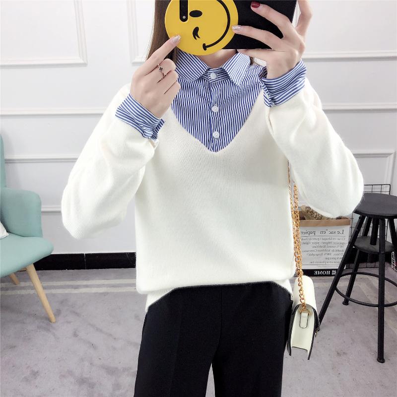 

Women's Sweaters Sweater Casual Patchwork Turn-down Collar Spring And Autumn Loose Knit Europes America Womens Vestidos LXJ816, Black