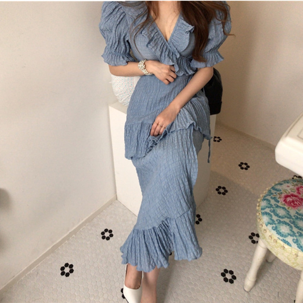 

Summer Women Casual Flare Sleeve Boho Beach Long Dress Sexy V-Neck Ruffle Pleated Mermaid Vestidos 210520, Photo color