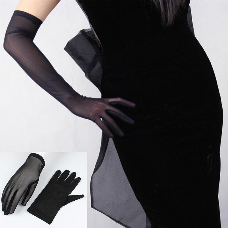 

Five Fingers Gloves Sexy Lace Sunscreen Silk Women Summer Spring Long Solid Black Transparent Elastic Anti-UV Driving Opera Size 55cm