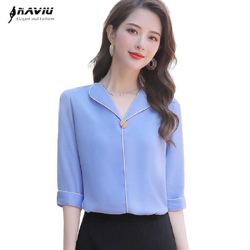 

Sky Blue White Chiffon Shirt Women Summer Half High-End Temperament Sleeve Loose Blouses Office Ladies Fashion Top 210604