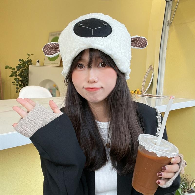 

Berets Creative Panda/Lamb Cold Hat Wool Lamb Warm Plush Ear Cap Beanie Windproof All-match For Autumn Winter, White