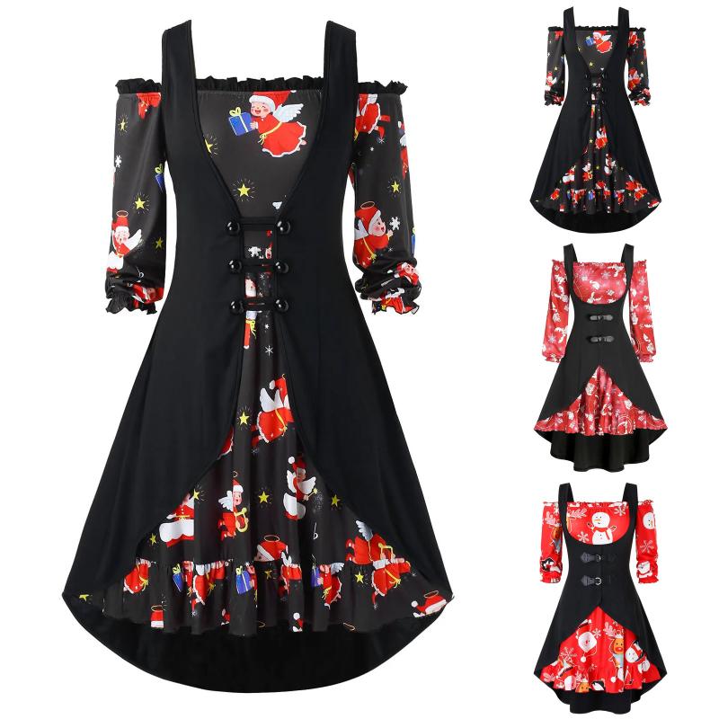 

Casual Dresses Women Dress Black Swing Print Vintage Christmas Costumes Robe Winter Long Sleeve V Neck Year Party, Black;gray