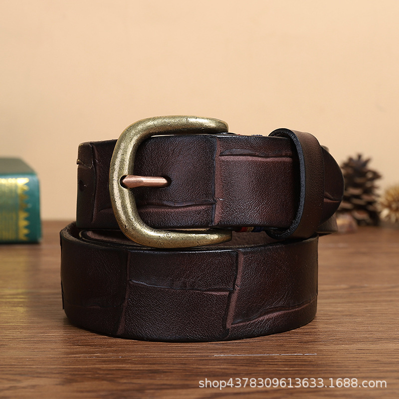 

2021 New Retro Handmade Knife Mark Belt Mens Leather Pin Buckle Fashion Trendy Korean Style Brass Buckle Cowhide Belt No. 2, Black