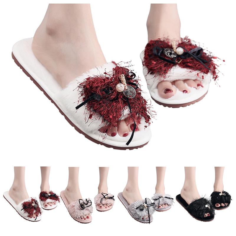 

Slippers #Women House Flip Flop Bow Home Slip-on Furry Flat Plush Open Toe Keep Warm Shoes Ladies, Gy