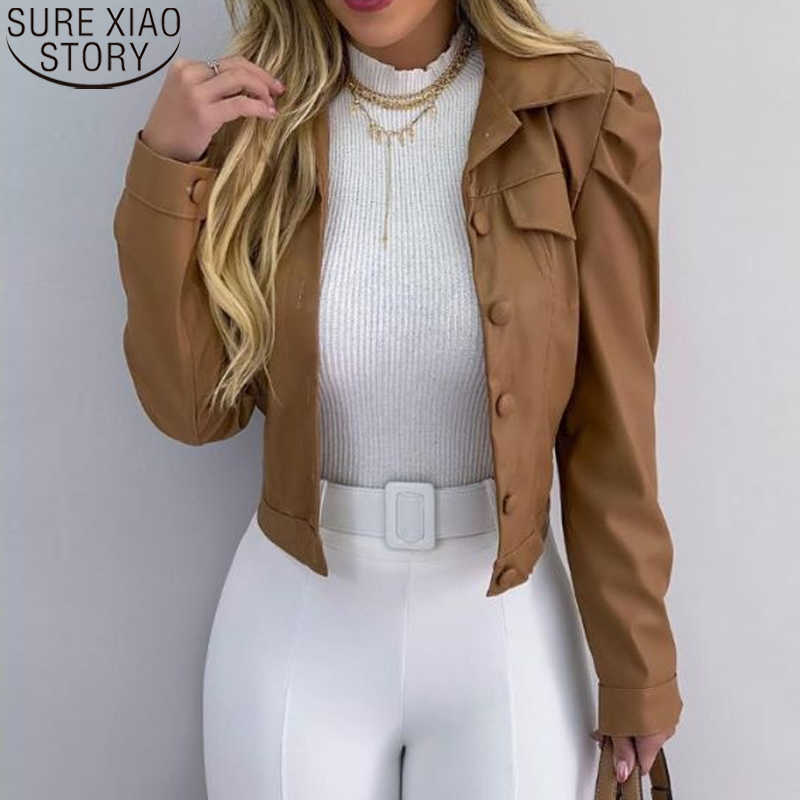 

Spring Fashion Short Jacket Women PU Coat Turn Down Collar Cardigan Jackets Ladies Tops Autumn Korean Clothes Female 12648 210527, Khaki