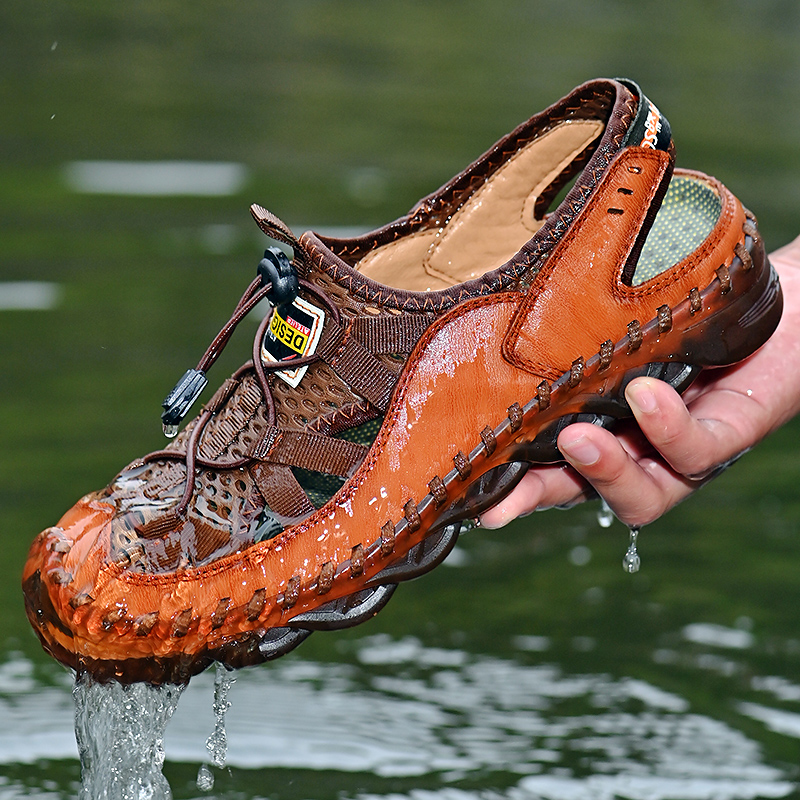 

Summer Mesh Sandals Men Breathable Leather Casual Shoes Non-slip Outdoor Men's Sneakers Slip-on Footwear Beach Wading Sandalias, 60 brown