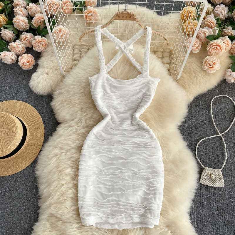 

Black/White Sexy Draped Bodycon Dress Women Club Party Criss-Cross Spaghetti Strap Vestidos Elegant Open Back Mini Robe Summer Y0603
