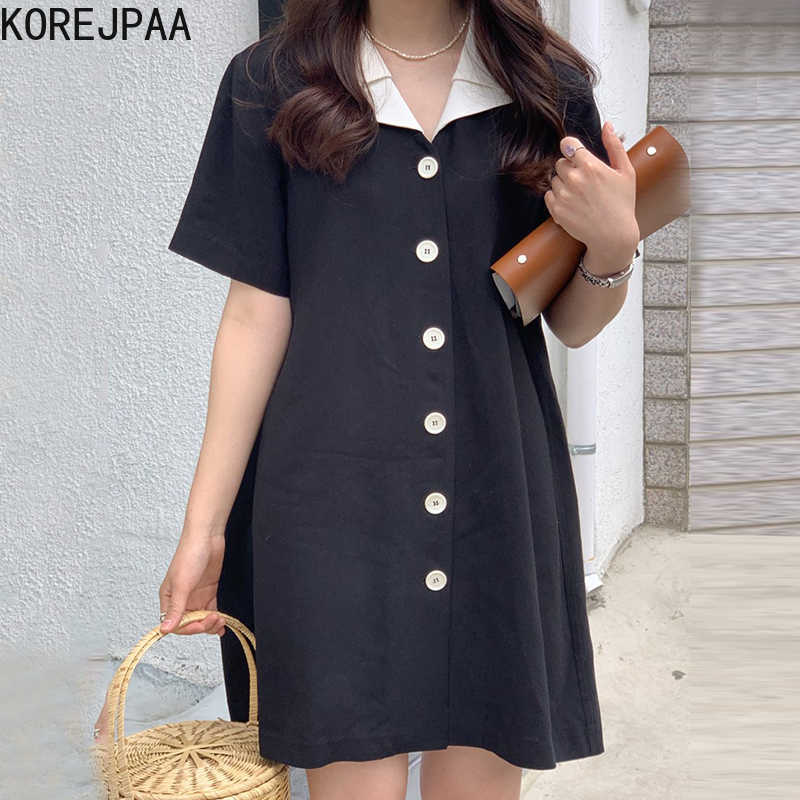 

Korejpaa Women Mini Dress Summer Korean Fashion Elegant Commute Double-layer Doll Collar Single-breasted Loose Joker Dresses 210526, Black