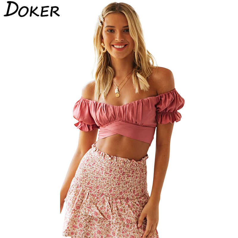 

Lantern Sleeve Summer Short-sleeve Umbilical Skinny Slash Neck T-shirt With Back Straps Strapless Folds Solid Color Crop Top 210604, Fluorescent green