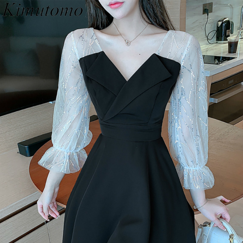 

Kimutomo Sweet Mesh Patchwork V-neck Mini Dress Women Korea Style Spring Autumn Ladies Wrist Elegant Vestidos 210521, Black