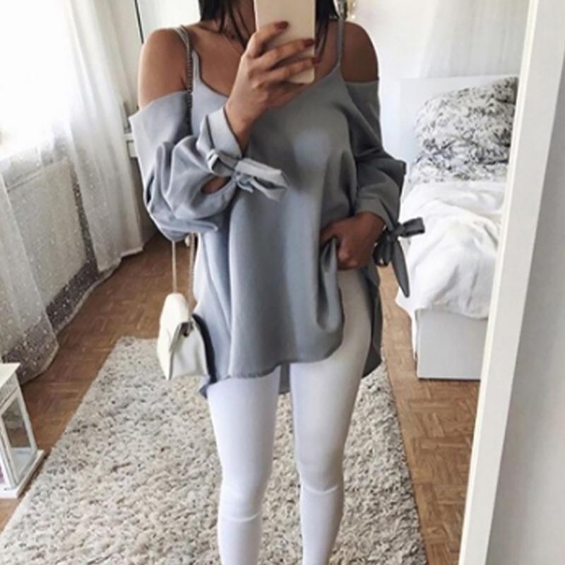 

Women's Blouses & Shirts Sexy Cuff Knot Sling Off Shoulder V-neck Women Spring Autumn Loose Long Sleeve Shirt Top Blouse Clothes 4 Colors, Grey