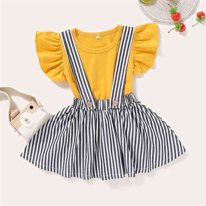 

Summer Baby Infant Rompers Girls Clothes Short Sleeve Solid T-shirt Suspenders Skirt Costume -5T 210629, Yellow