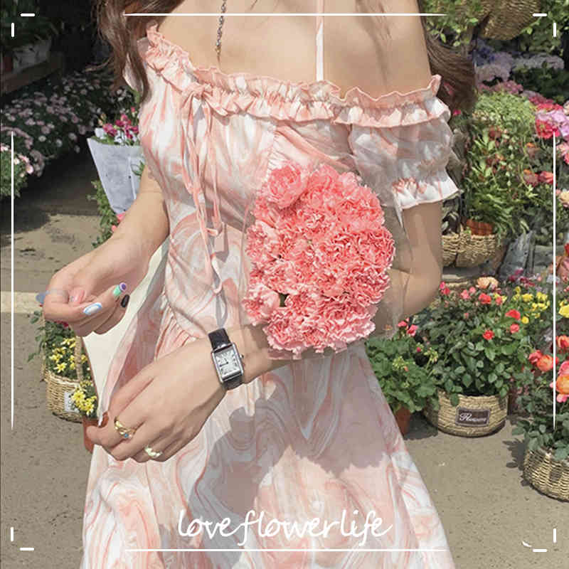 

Bandage Design Vintage Strap Dresses Women Casual Floral Sexy Dresses Beach Dress Korean One Shoulder Summer Y2K 210521, Pink