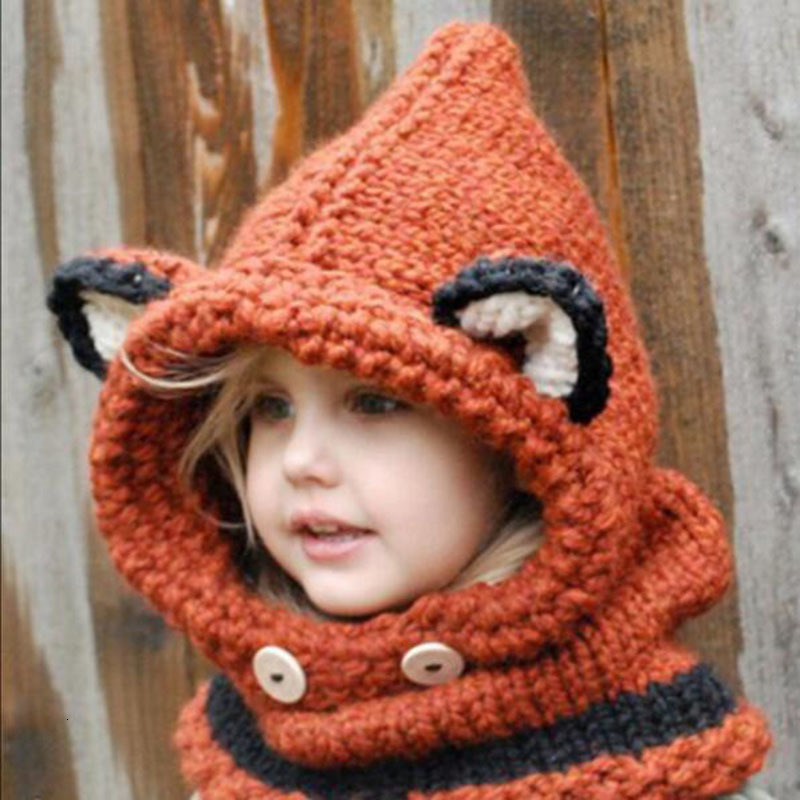 

Wide Brim Hats 1-7 Years Baby Girls Handmade Kids Winter Wrap Fox Scarf Caps Cute Autumn Children Wool Knitted K45Z